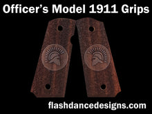 Load image into Gallery viewer, Officer's Model sized 1911 grips in cocobolo, stippled background with a spartan helm