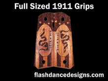 Load image into Gallery viewer, Full sized 1911 grips made from Caribbean walnut and laser engraved with a stippled Colonial Flag and the Join, or Die.
