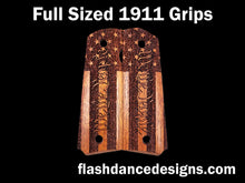 Load image into Gallery viewer, Full sized 1911 grips made from Caribbean walnut and laser engraved with a stippled U.S. Flag and We the People