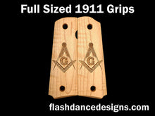 Load image into Gallery viewer, Maple full sized 1911 grips laser engraved with the Masonic Square and Compasses
