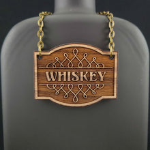 Load image into Gallery viewer, Laser engraved decanter tag made from walnut reading &quot;Whiskey&quot; adds a beautiful vintage touch to your bar
