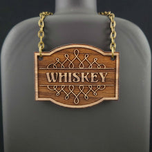 Load image into Gallery viewer, Laser engraved decanter tag made from walnut reading "Whiskey" adds a beautiful vintage touch to your bar
