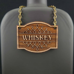Laser engraved decanter tag made from walnut reading "Whiskey" adds a beautiful vintage touch to your bar
