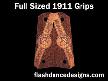 Load image into Gallery viewer, Caribbean walnut full sized 1911 grips engraved with Molon Labe and a Spartan Helm over a stippled background
