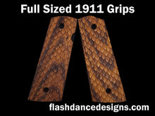 Load image into Gallery viewer, Zebrawood full sized, full coverage 1911 grips laser engraved with three-dimensional snake scales