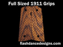 Load image into Gallery viewer, Zebrawood full sized, full coverage 1911 grips laser engraved with three-dimensional snake scales