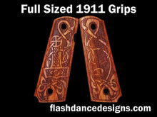 Load image into Gallery viewer, African rosewood full sized 1911 grips laser engraved with a Norse style animal design