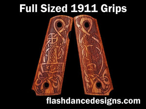 African rosewood full sized 1911 grips laser engraved with a Norse style animal design