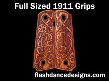 Load image into Gallery viewer, African rosewood full sized 1911 grips laser engraved with a Norse style animal design