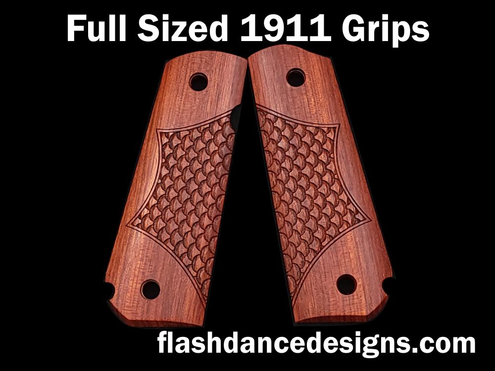 Bloodwood full sized 1911 grips with partial scale engraving