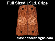 Load image into Gallery viewer, Full sized 1911 grips in cocobolo, stippled background with a spartan helm