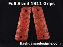 Load image into Gallery viewer, Bloodwood full sized 1911 grips laser engraved with a crusader shield over a castle wall background
