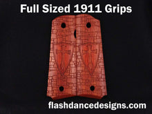 Load image into Gallery viewer, Bloodwood full sized 1911 grips laser engraved with a crusader shield over a castle wall background