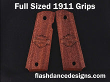 Load image into Gallery viewer, Walnut full sized 1911 grips laser engraved with a motorcycle logo over a stippled background