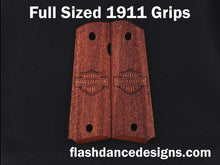 Load image into Gallery viewer, Walnut full sized 1911 grips laser engraved with a motorcycle logo over a stippled background