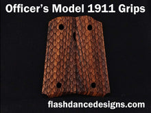 Load image into Gallery viewer, Zebrawood officer's model 1911 grips laser engraved with three-dimensional snake scales