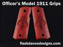 Load image into Gallery viewer, Padauk officer's model 1911 grips laser engraved with a popular bounty hunter logo