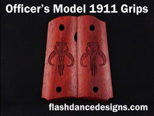 Load image into Gallery viewer, Padauk officer's model 1911 grips laser engraved with a popular bounty hunter logo