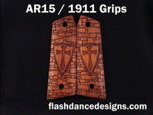 Load image into Gallery viewer, Walnut AR 1911 grips laser engraved with a crusader shield over a castle wall background