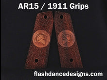 Load image into Gallery viewer, Granadillo AR 1911 grips laser engraved with a Spartan Helm over a stippled background