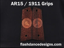 Load image into Gallery viewer, Granadillo AR 1911 grips laser engraved with a Spartan Helm over a stippled background