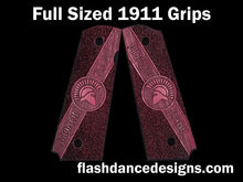 Load image into Gallery viewer, Purpleheart full sized 1911 grips engraved with Molon Labe and a Spartan Helm over a stippled background