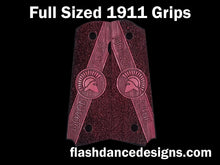 Load image into Gallery viewer, Purpleheart full sized 1911 grips engraved with Molon Labe and a Spartan Helm over a stippled background