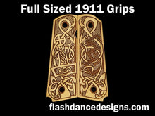 Load image into Gallery viewer, Boxwood full sized 1911 grips laser engraved with a Norse style animal design