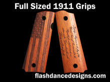 Load image into Gallery viewer, Walnut full sized 1911 grips laser engraved with a US Flag and the Pledge of Allegiance