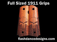 Load image into Gallery viewer, Walnut full sized 1911 grips laser engraved with the Punisher skull over a partial stipple background