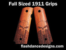 Load image into Gallery viewer, Walnut full sized 1911 grips laser engraved with the Punisher skull over a partial stipple background