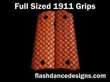 Load image into Gallery viewer, Walnut full sized 1911 grips laser engraved with three-dimensional basketweave