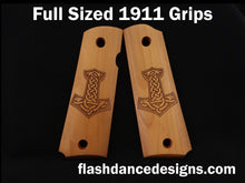 Load image into Gallery viewer, Boxwood full sized 1911 grips laser engraved with Thor's hammer, Mjölnir