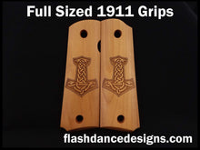 Load image into Gallery viewer, Boxwood full sized 1911 grips laser engraved with Thor&#39;s hammer, Mjölnir
