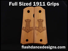 Load image into Gallery viewer, Boxwood full sized 1911 grips laser engraved with Thor's hammer, Mjölnir