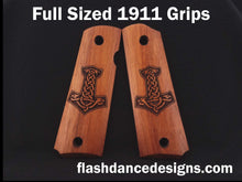 Load image into Gallery viewer, Walnut full sized 1911 grips laser engraved with Thor's hammer, Mjölnir