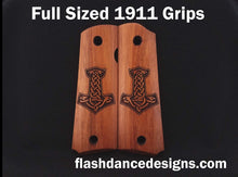 Load image into Gallery viewer, Walnut full sized 1911 grips laser engraved with Thor's hammer, Mjölnir