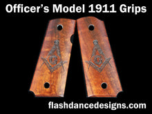 Load image into Gallery viewer, Koa officer's model sized 1911 grips laser engraved with the Masonic Square and Compasses