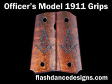 Load image into Gallery viewer, Koa officer's model sized 1911 grips laser engraved with the Masonic Square and Compasses