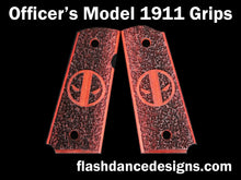 Load image into Gallery viewer, Redheart officer's model 1911 grips laser engraved with a Deadpool emblem over a partial stipple background
