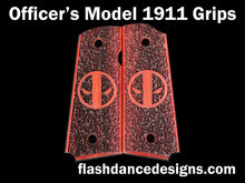 Load image into Gallery viewer, Redheart officer's model 1911 grips laser engraved with a Deadpool emblem over a partial stipple background