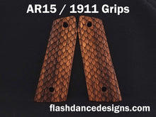 Load image into Gallery viewer, Zebrawood AR 1911 grips laser engraved with three-dimensional snake scales