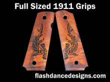 Load image into Gallery viewer, Koa full sized 1911 grips laser engraved with a tribal hammerhead shark
