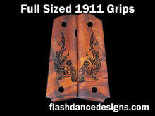 Load image into Gallery viewer, Koa full sized 1911 grips laser engraved with a tribal hammerhead shark