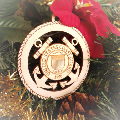 Laser engraved birch Christmas ornament featuring the United States Coast Guard (USCG) emblem