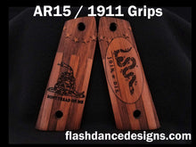 Load image into Gallery viewer, Walnut AR 1911 grips engraved with Don't Tread on Me and Join or Die designs over a colonial flag