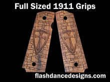 Load image into Gallery viewer, Walnut full sized 1911 grips laser engraved with a crusader shield over a castle wall background