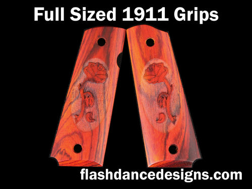 Cocobolo full sized 1911 grips laser engraved with a rose