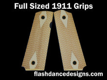 Load image into Gallery viewer, Boxwood full sized 1911 grips laser engraved with a classic double diamond design