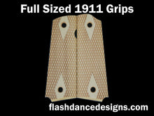 Load image into Gallery viewer, Boxwood full sized 1911 grips laser engraved with a classic double diamond design